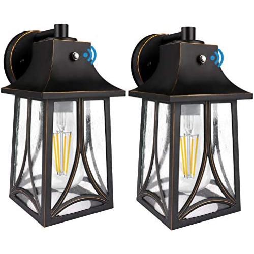 2 Pack CINOTON Outdoor Wall Lantern, Dusk to Dawn Photocell Sensor Wall Sconce Die-Casting Aluminum Seeded Glass Shade Waterproof Outdoor Front Porch Lights Wall Mount Includes E26 LED Bulb