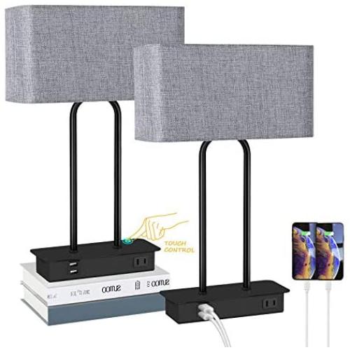 Set of 2 Touch Control 3-Way Dimmable Table Lamp with 2 USB Ports &1 AC Outlet, Modern Bedside Nightstand Lamps with Fabric Shade, Desk Lamps for Bedroom Living Room Grey, Bulbs Included