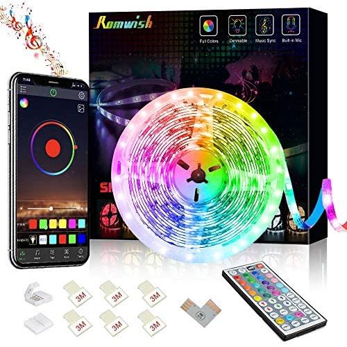 Romwish LED Strip Lights 16.4ft Bluetooth Smart Light Strip, RGB Color Changing, Sync to Music, App Control & 44 Key Remote Control, Timing Function for Bedroom, Kitchen, TV, Party, DIY Home Decora