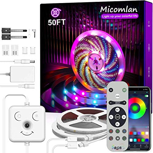 Micomlan Led Strip Lights 50ft/15M, Music Sync Color Changing RGB LED Lights with Remote,''Smile Face''Controller and Bluetooth APP Controlled Strip Lights for Bedroom Home Decoration