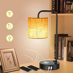 Sunvook Modern Bedside Table Lamp with 2 USB Charging Ports& 2AC Outlet,3 Way Dimmable Touch Control Industrial Nightstand lamp with Eye-protecting Fabric Shade Desk Lamp for Bedroom Living Study Room