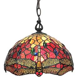Amora Lighting Tiffany Style Hanging Pendant Lamp 14'' Wide Stained Glass Red Dragonfly Jewels Antique Vintage Light Decor Restaurant Game Living Dining Room Kitchen Gift AM1034HL14B, Multicolored