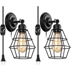 Vintage Plug in Dimmable Wall Sconce 2 Pack, Elibbren Hardwired Industrial Edison Wire Cage Wall Light with Dimmer Switch 5.9FT Plug in Cord, Rustic Wall Light Fixture for Headboard, Bedroom, Nightsta