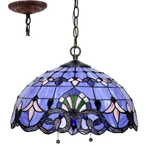 Tiffany Hanging Lamp 16 Inch Pendant Light Blue Purple Baroque Lavender Stained Glass Shade S003C WERFACTORY Chandelier Ceiling Fixture Dining Living Room Bedroom Study Office Coffee Bar Hallway Loft