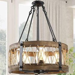 Chandeliers for Dining Rooms,5-Lights 19 Farmhouse Chandelier,Hemp Rope Wood Chandelier with Clear Glass Shade