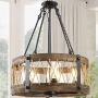 Chandeliers for Dining Rooms,5-Lights 19 Farmhouse Chandelier,Hemp Rope Wood Chandelier with Clear Glass Shade