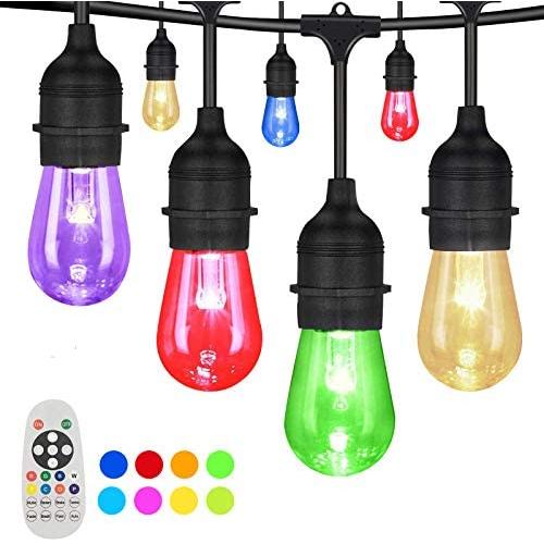 Yuusei Outdoor String Lights, 100Ft Waterproof Colored Changing Patio Lights Dimmable LED Hanging RGB String Light with 30+2 S14 Shatterproof Edison Bulbs, Remote Control, for Garden, Cafe, Balcony
