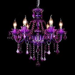 LAKIQ Crystal Modern Chandelier Lighting Fixtures Living Room Bedroom Hanging Pendant Light Candle Candelabras Shape Length Adjustable for Dining Room (Purple, 6 Lights)