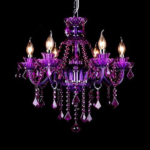 LAKIQ Crystal Modern Chandelier Lighting Fixtures Living Room Bedroom Hanging Pendant Light Candle Candelabras Shape Length Adjustable for Dining Room (Purple, 6 Lights)