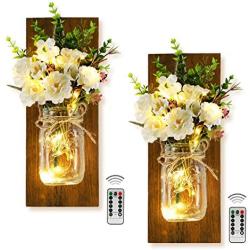 Decorative Mason Jar Wall Decor Rustic Wall Art Sconces Wall Decorations for Living Room Green Fake Plant Artificial Flowers and LED Strip Lights Design Home Bathoom Room Decor