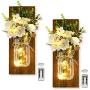 Decorative Mason Jar Wall Decor Rustic Wall Art Sconces Wall Decorations for Living Room Green Fake Plant Artificial Flowers and LED Strip Lights Design Home Bathoom Room Decor