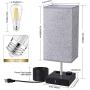 Touch Control Table Lamp, 3 Way Dimmable Bedside Lamp with Type C/USB Charging Port and 2 AC Outlets, Grey Fabric Shade Modern Nightstand Lamp for Bedroom Living Room Office, LED Bulb Included(1 Pack)