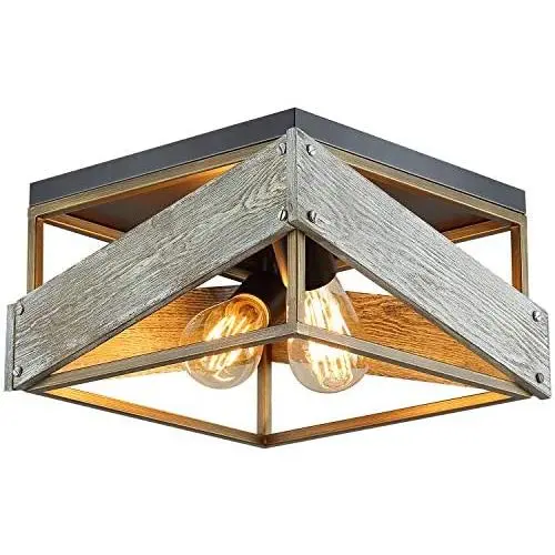 Modern Farmhouse Flush Mount Light Fixture Two-Light Metal and Wood Square Flush Mount Ceiling Light for Hallway Living Room Bedroom Kitchen Entryway,Antique Gold and Black