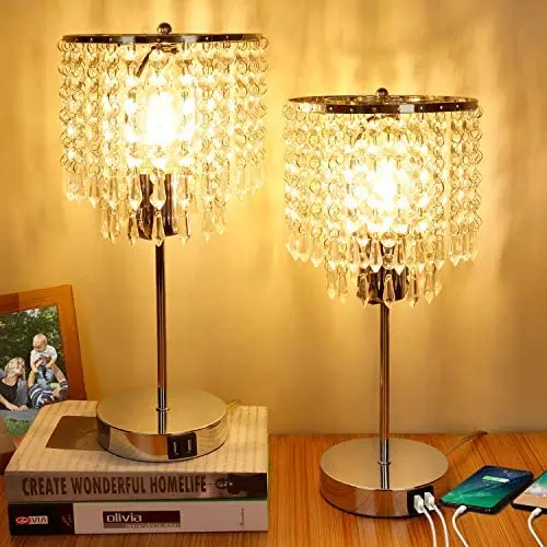 Set of 2 Crystal Touch Control Table Lamp, 3-Way Dimmable Bedside Lamps with Dual USB Charging Ports, K9 Crystal Shade Nightstand Bedside Desk Light for Bedrooms Living Room, E26 6W LED Bulb Included