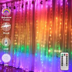 LED Curtain String Lights, 300 Led Fairy String Lights with Remote Control & 10 Plastic Hook,8 Modes Colorful Indoor Decorative Lights for Wedding Christmas Birthday Party (Colorful)