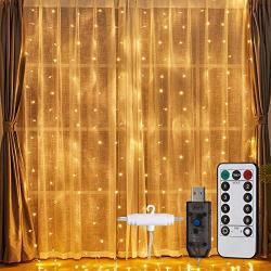 TORCHSTAR LED String Lights Curtain, 300 LEDs, 9.8ft x 9.8ft, USB Powered Fairy Lights for Party Bedroom Wall, 8 Modes, IP65 Waterproof for Outdoor Wedding Chrsitmas Home Decorations, Warm White