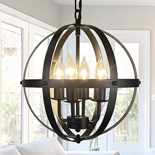 4-Light Rustic Pendant Lighting Fixture Adjustable Height Industrial Globe Handing Lighting with Metal Spherical Shade Black Chandelier for Kitchen Island Dining Room Foyer E12 Base