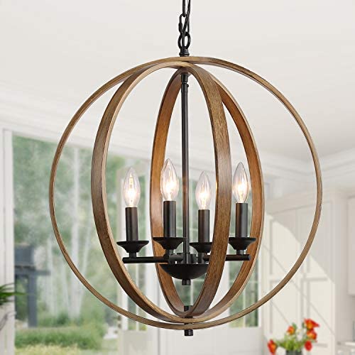 LOG BARN 20 Farmhouse Chandelier, Faux-Wood Hanging 4-Light Fixture for Dining & Living Room, Bedroom, Foyer and Entryway