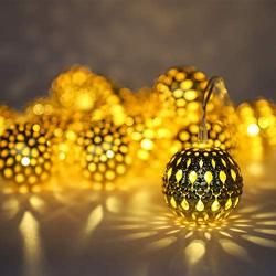 LED Globe String Lights, Decorative Moroccan Orb, 20 Big Golden Metal Balls, Bright Warm Lights, Battery Powered