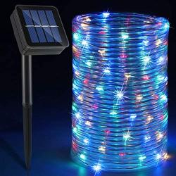 Solar Rope Lights Outdoor Waterproof 100 LED - 8 Modes 33ft Multicolor Fairy Tube Rope Strip Lights, Never Entangled Outdoor String Light Decor for Party Carnival Garden Patio Background Lighting