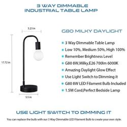 Keymit LED Edison Industrial Lamp, 3 Way Dimmable Minimalist Table Lamp for Bedroom Living Room, Nightstand, Globe Daylight, Amazing Glow G80 8W 6000K Milky LED Bulb Included