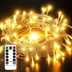 [IP65 Waterproof] Outdoor String Lights Battery Operated, 33FT 100 LED Christmas Fairy Lights with Remote Control, Timer Program, 8 Lighting Modes for Xmas Halloween Wedding Garden Patio - Warm White