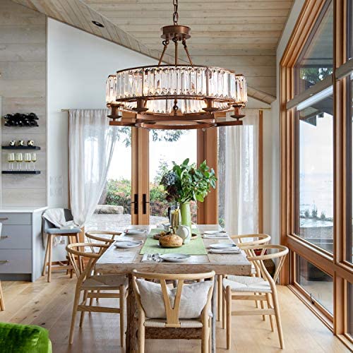 APBEAMLighting Luxury Round Crystal Chandelier Retro Pendant Lighting Hanging Ceiling Light Dimmable Fixture with Adjustable Chain for Dining Room Bedroom Brown