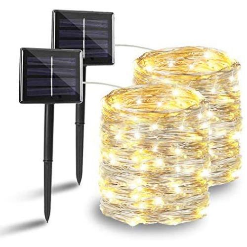 BHCLIGHT Solar String Lights, 2-Pack Each 200LED Upgraded Durable Solar Lights Outdoor, Waterproof 8 Modes Solar Fairy Lights for Wedding Patio Garden Tree Yard Party -Warm White, Silver Wire