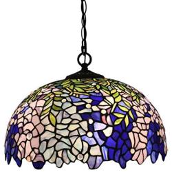 YWYU Tiffany Style Wisteria Pendant Light Stained Glass Single Head Hanging Lamp Chandelier for Dining Room Bedroom Living Room Office Kitchen Island Ceiling Decoration (Color : Blue, Size : 16 inch)