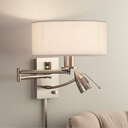 Tesoro Modern Swing Arm Wall Lamp LED Brushed Nickel Plug-in Light Fixture Off White Drum Shade for Bedroom Bedside Living Room Reading - Possini Euro Design