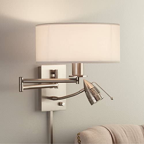 Tesoro Modern Swing Arm Wall Lamp LED Brushed Nickel Plug-in Light Fixture Off White Drum Shade for Bedroom Bedside Living Room Reading - Possini Euro Design