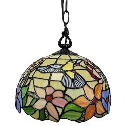 Tiffany Style Hanging Pendant Lamp 12'' Wide Stained Glass Shade Yellow Green Red Hummingbird Floral Vintage Light Decor Restaurant Living Dining Room Kitchen Gift AM1082HL12B Amora Lighting