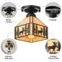 KWOKING Lighting Vintage Elk Pattern Ceiling Lighting Fixtures Tiffany Stained Glass Style Flush Mount Ceiling Light for Living Room, Hallway, Kitchen, Dining Room Black 7.48inch