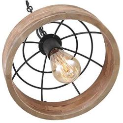 Anmytek Adjustable Wood Metal Chandelier Iron Net Frame Cover Pendant Lighting for Kitchen Island Rustic Industrial Edison Hanging Light Dining Room Vintage Ceiling Light Fixture 1-Light (P0027)