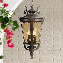 Casa Marseille Traditional Outdoor Ceiling Light Hanging Mediterranean Veranda Bronze Scroll 23 3/4'' Champagne Hammered Glass Damp Rated for Exterior House Porch Patio - John Timberland