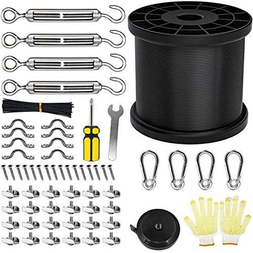 Outdoor String Lights Hanging Kit, Globe Light String Suspension Kit, Cable Guide Wire for String Lights in Black Vinyl-Coated, 164 Ft Stainless Steel Lights Rope