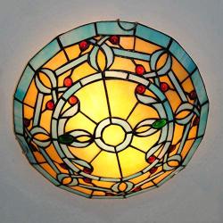 LITFAD Tiffany Traditional Ceiling Mount Light Bowl Shade Stained Glass Mission Inverted Ceiling Lamp Flush Ceiling Light Pendant Lighting for Living Room Bedroom Hotel Cafe - Yellow & Blue, 16''(40cm)