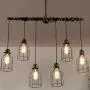 Adjustable Wire Industrial Vintage Brushed Iron Cage Chandelier - LITFAD 33.46'' Edison Ceiling Light Island Light Water Pipe Pendant Light with 6 Lights