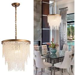 Larootsi Modern Crystal Pendant Light Brass Luxury Chandelier Adjustable Hanging for Indoor Lighting Dining Room Living Room Kitchen Island Bedroom Hallway Hotel Bar Restaurant E12X4