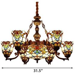 CraftThink Pendant Lighting LED Victorian Chandelier Light Antique Tiffany Style Stained Glass 6+1-Light Hanging Light for Dining Living Cafe Room Restaurant - TYP C1- Flower