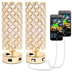 USB Crystal Table Lamp, Small Gold Lamp Sets, Desk Lamp Set of 2 with USB Charging Ports, Bedside Lights with Metal Base, Decorative Lamp Modern Nightstand Lamp for Bedroom Living Room(Set of 2)