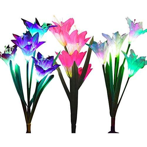 Weepong Flower Solar Lights Outdoor - 3 Pack Waterproof Lawn Solar Lights with 12 Lily Flowers, Color-Changing Solar Stakes Lights for Patio, Back Yard, Garden, Pathway, Walkway(White, Purple, Red)