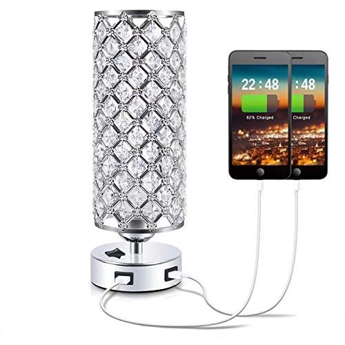 USB Crystal Table Lamp,Kakanuo Nightstand Decorative Lamp with Dual Fast USB Charging Ports, Modern Glam Table Lamp for Bedroom, Living Room, Study Room, Office