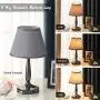 Touch Table Lamp with USB Ports, 3-Way Dimmable Modern Small Nightstand Lamp for Bedroom, Living Room & Office, Bedside Lamp w/ Grey Trapezoid Shade and Metal Base, LED Bulb Included