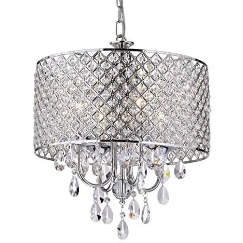Edvivi Marya 4-Light Chrome Round Crystal Chandelier Ceiling Fixture | Beaded Drum Shade | Glam Lighting