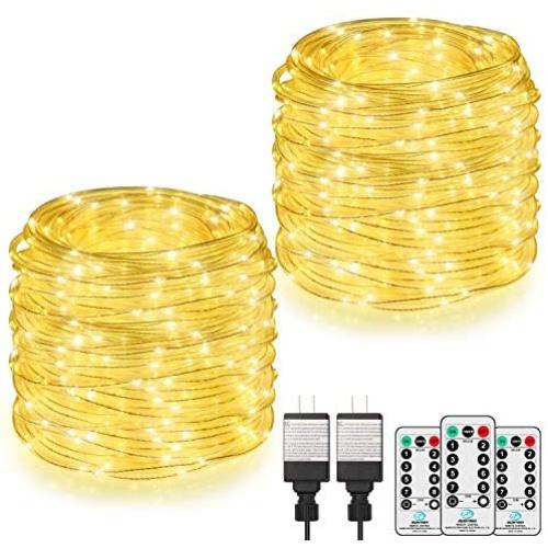 2-Pack 80Ft LED Rope Lights Outdoor, Warm White Dimmable Remote Control String Lights Plug in, 408 LEDs, 8 Lighting Modes, 3 Remote Controls, Waterproof Fairy String Lights for Patio Wedding Christmas