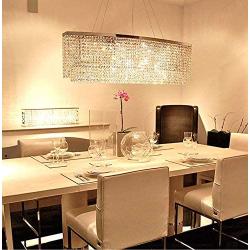 7PM Rectangle Crystal Chandelier Modern Chrome Pendant Light Contemporary Clear Beads Ceiling Lighting Fixture for Dining Room Living Room