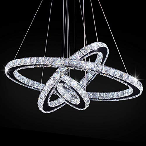 TongLan LED Chandeliers 23.6 x 15.7 x 7.9 inches Modern Ceiling Lamps Contemporary 3 Rings Pendant Lighting Crystal Light Fixture Dining Room Living Room (White)