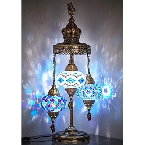 (16 Colors) Demmex 2020 - 3 Big Globes Magnificent Handmade Turkish Moroccan Mosaic Tiffany Table Desk Bedside Lamp Lampshade Night Accent Mood Light for North American Use, 31'' Height (Blue Mix)