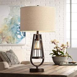 Topher Rustic Industrial Table Lamp with Nightlight LED Edison Brown Metal Burlap Drum Shade for Living Room Bedroom Bedside Nightstand Office Family - Franklin Iron Works